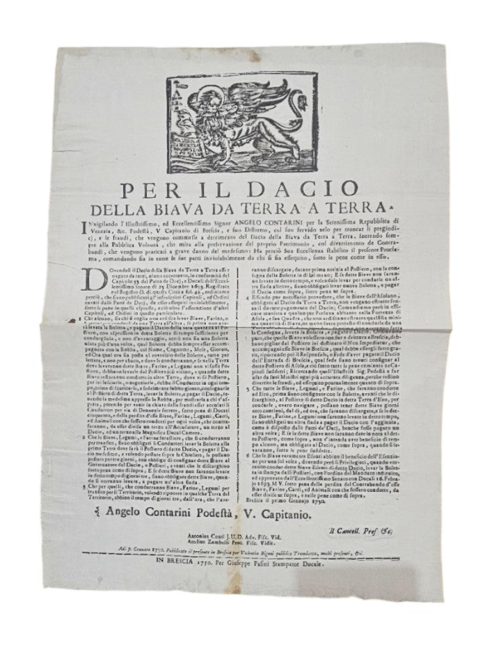Per Il Dacio Della Biava Da Terra A Terra (Documento Brescia 1750)