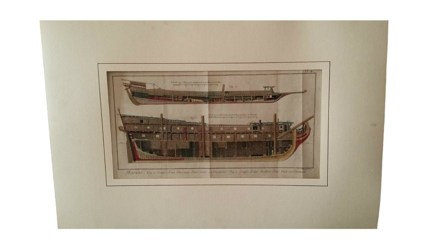 Incisione Acquarellata Spaccato Navale "Marine Vaisseau Et Galere" B. Direx