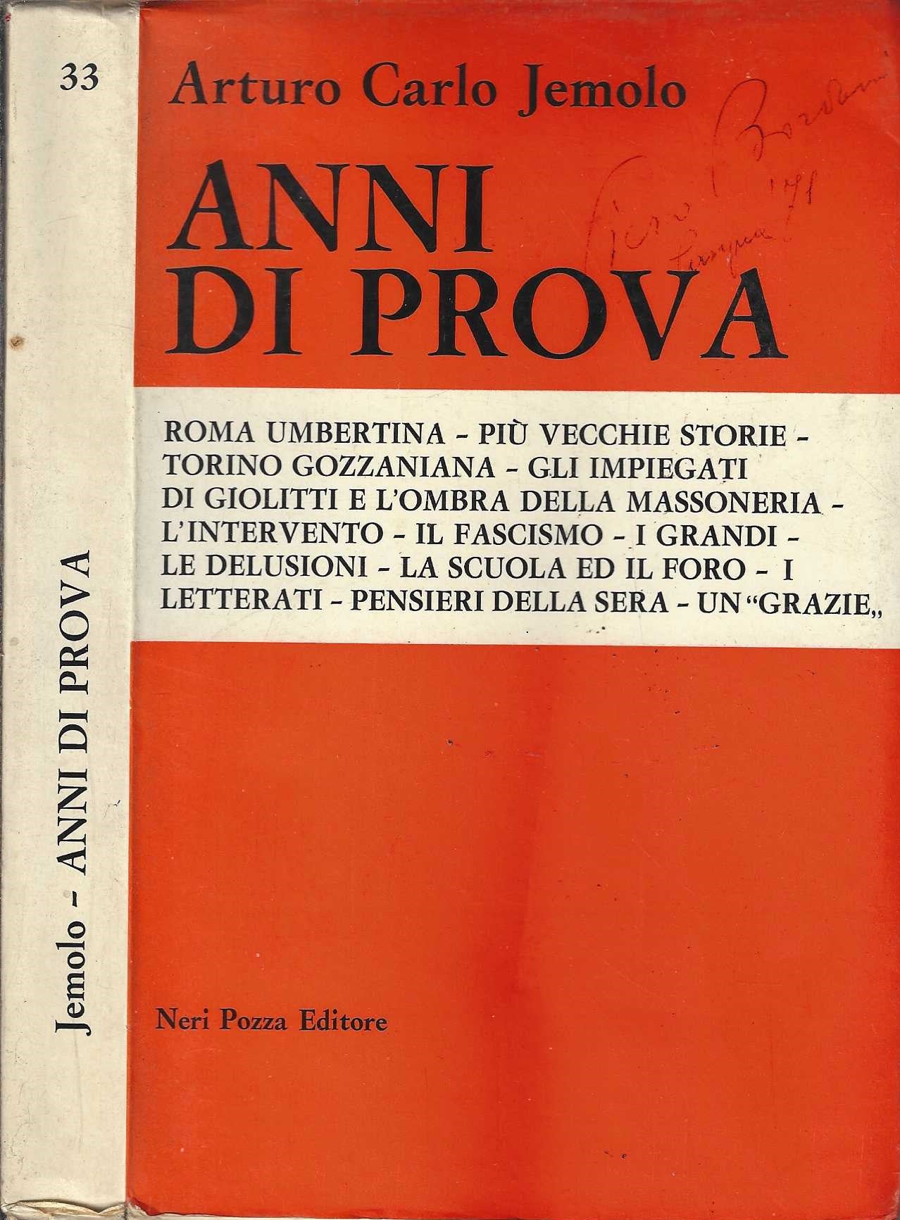 Anni di Prova di Jemolo Arturo Carlo - IOLIBROCARMINE