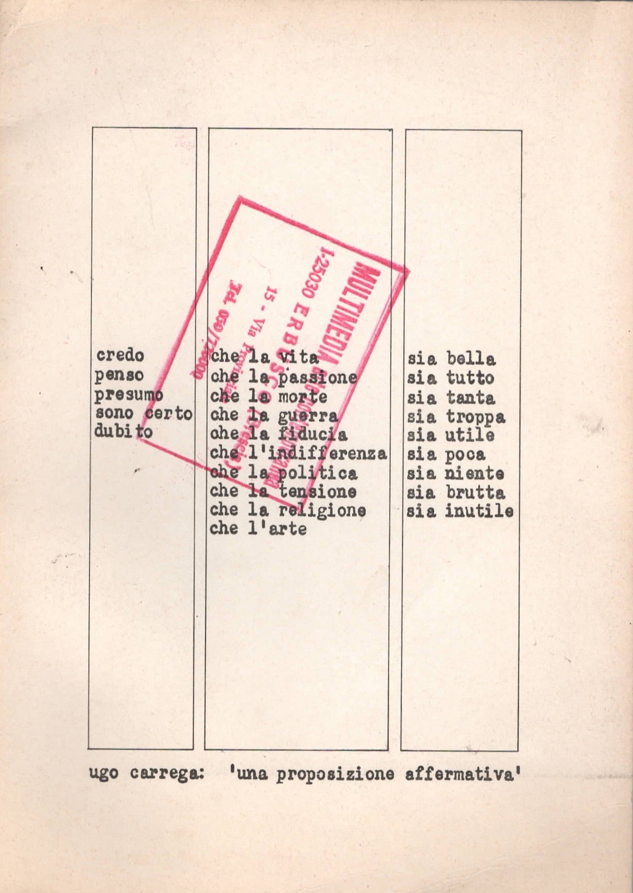Ugo Carrega: una proposizione affermativa