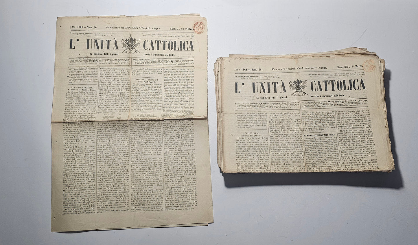 Lotto giornali originali L’Unità Cattolica 1868 Risorgimento iolibrocarmine