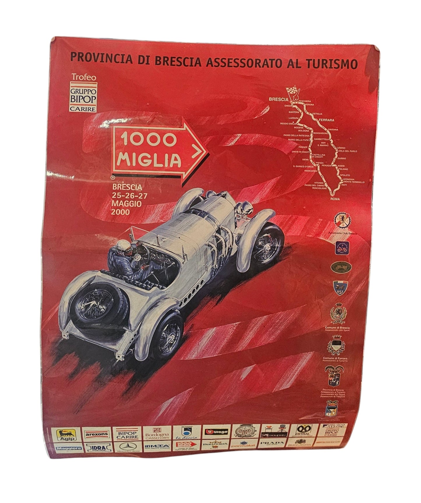 Manifesto ufficiale 1000 Miglia Brescia 2000 con auto storica e percorso della gara Iolibrocarmine