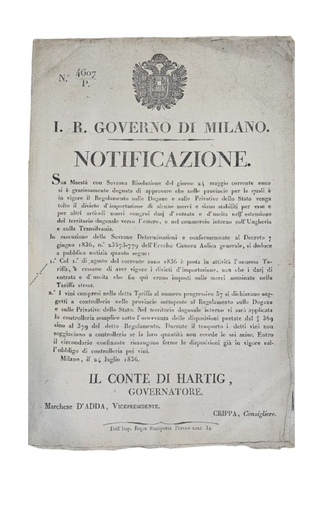 Governo di Milano Notificazione 1835-36 - IOLIBROCARMINE