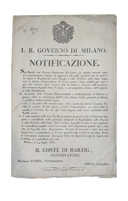 Governo di Milano Notificazione 1835-36 - IOLIBROCARMINE