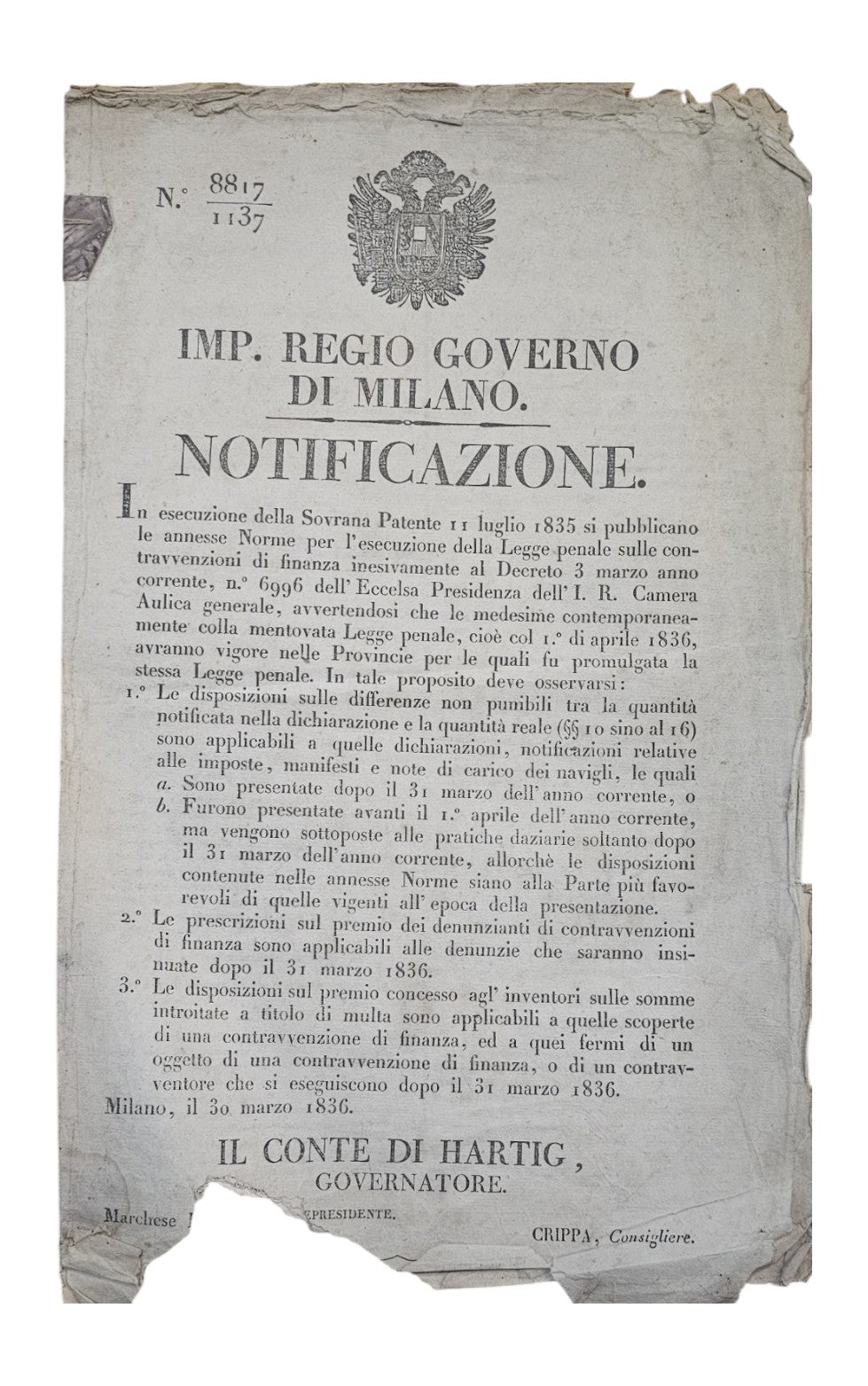 Governo di Milano Notificazione 1835-36 - IOLIBROCARMINE