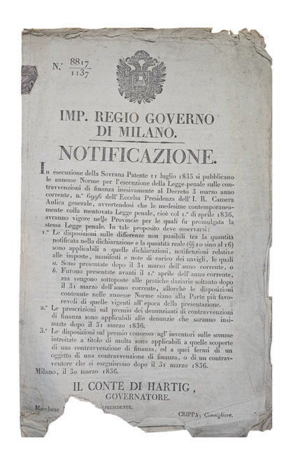 Governo di Milano Notificazione 1835-36 - IOLIBROCARMINE