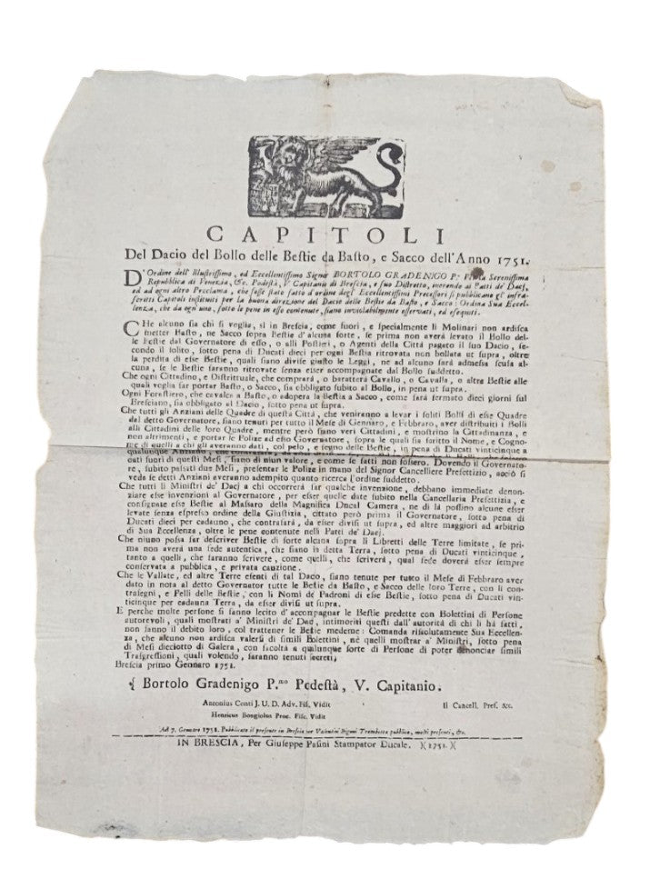 Capitoli Del Dacio Del Bollo Delle Bestie Da Basto E Sacco 1751 Brescia Gradenigo