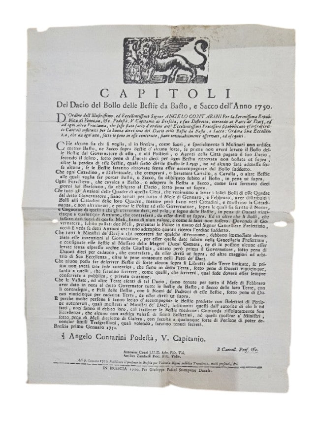 Capitoli Del Dacio Del Bollo Delle Bestie Da Basto E Sacco 1750 Brescia Contarini