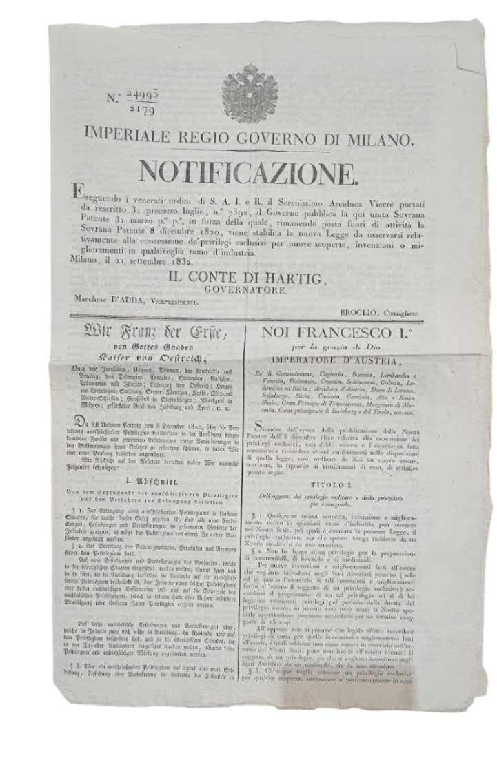 Notificazione Imperiale Regio Governo Di Milano 1832