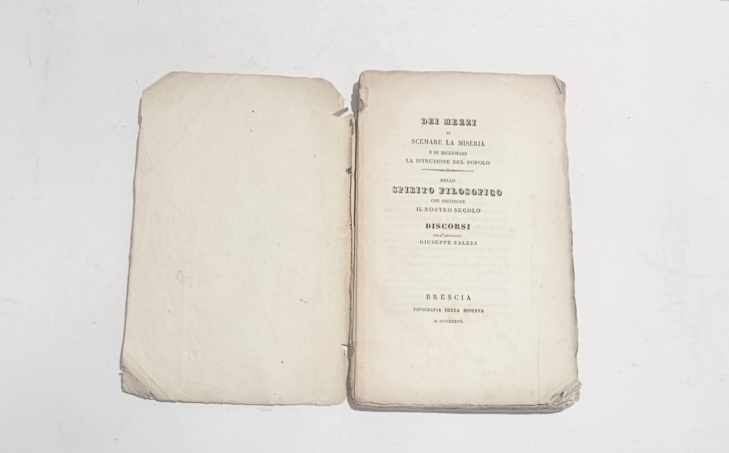 Frontespizio Dei Mezzi di Scemare la Miseria Giuseppe Saleri Brescia 1837 Tipografia Minerva