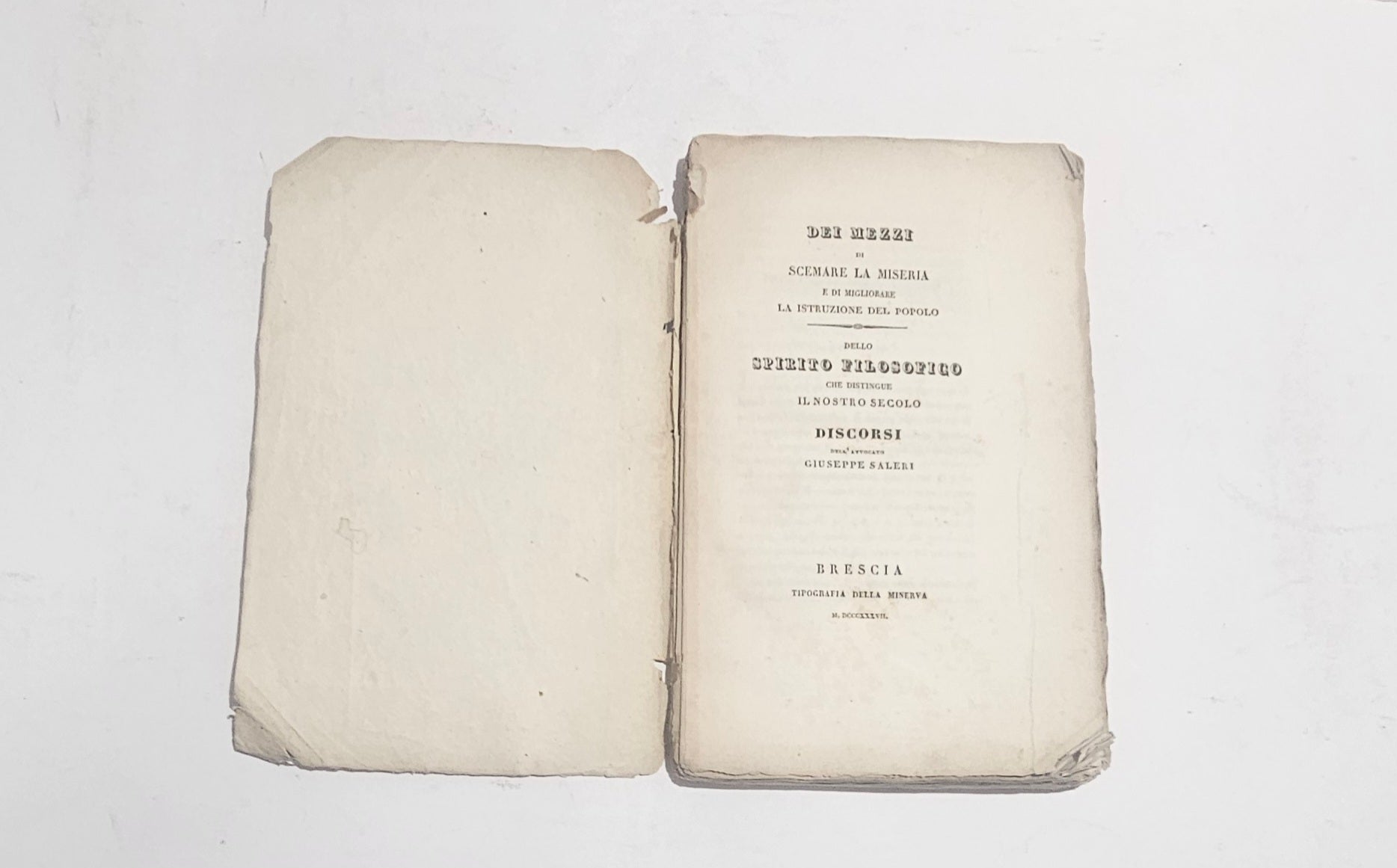 Frontespizio Dei Mezzi di Scemare la Miseria Giuseppe Saleri Brescia 1837 Tipografia Minerva