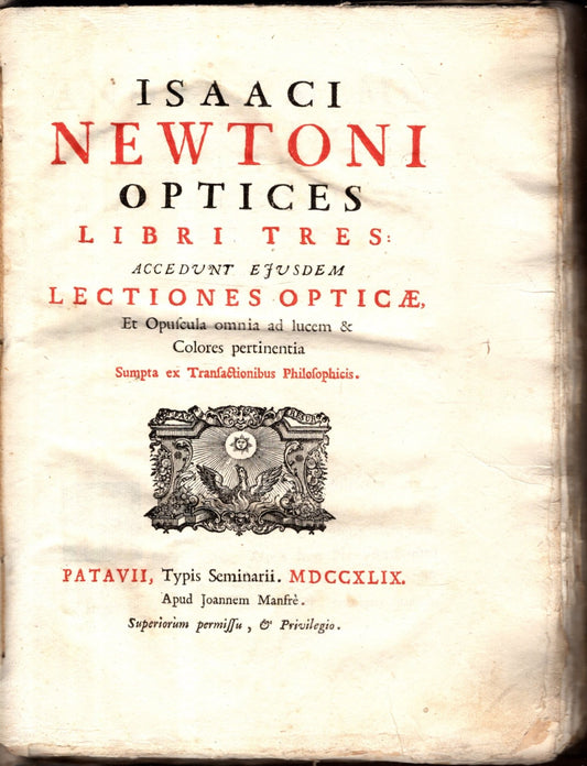 Isaaci Newtoni Optices Libri tres. Accedunt ejusdem Lectiones Opticae ex Opuscula omnia ad lucem & colores pertinentia. Sumpta ex Transactionibus Philosophicis