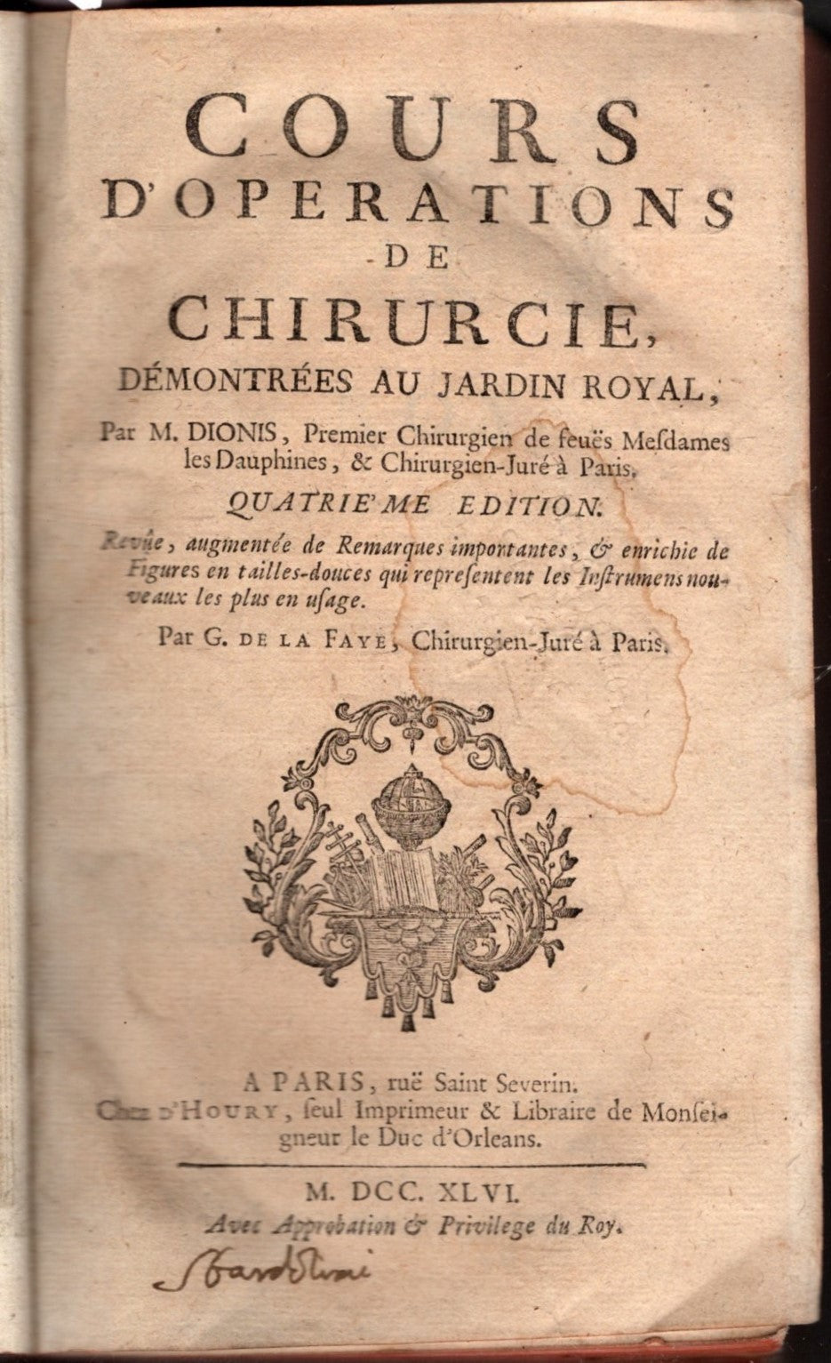 COURS D'OPERATIONS DI CHIRURCIE DEMONTREES AU JARDIN ROYAL (1746)