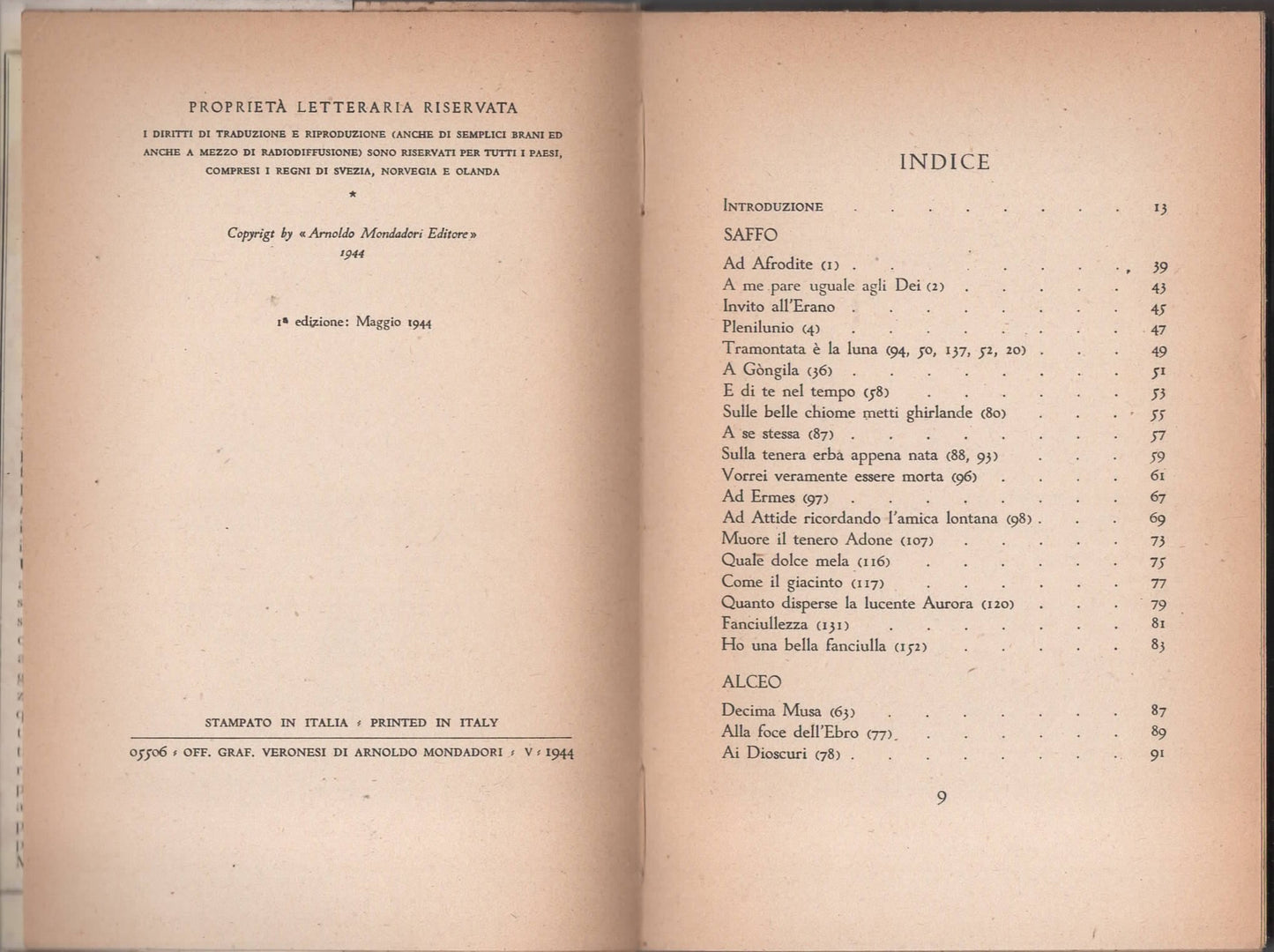 Lirici Greci - Salvatore Quasimodo - Mondadori 1944 - Prima edizione