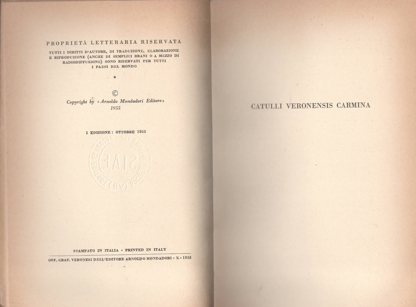 Valerio Catullo - I canti - Mondadori 1955 - Prima edizione