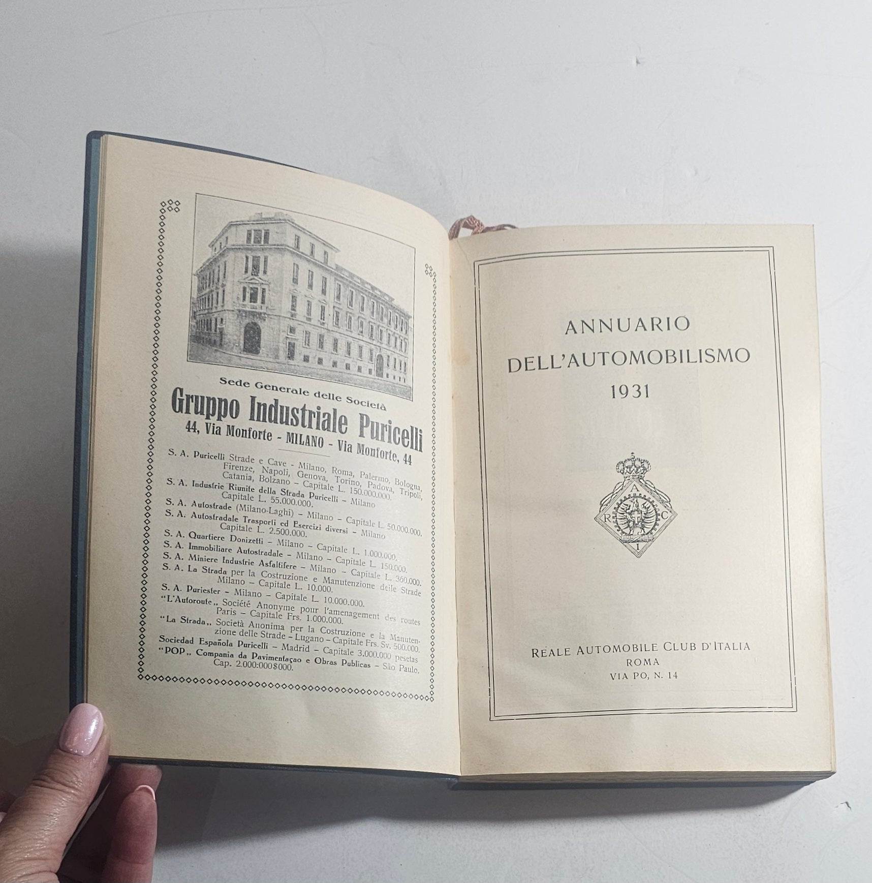 Frontespizio Annuario dell'Automobilismo 1931 pubblicato dal Reale Automobile Club d'Italia Iolibrocarmine