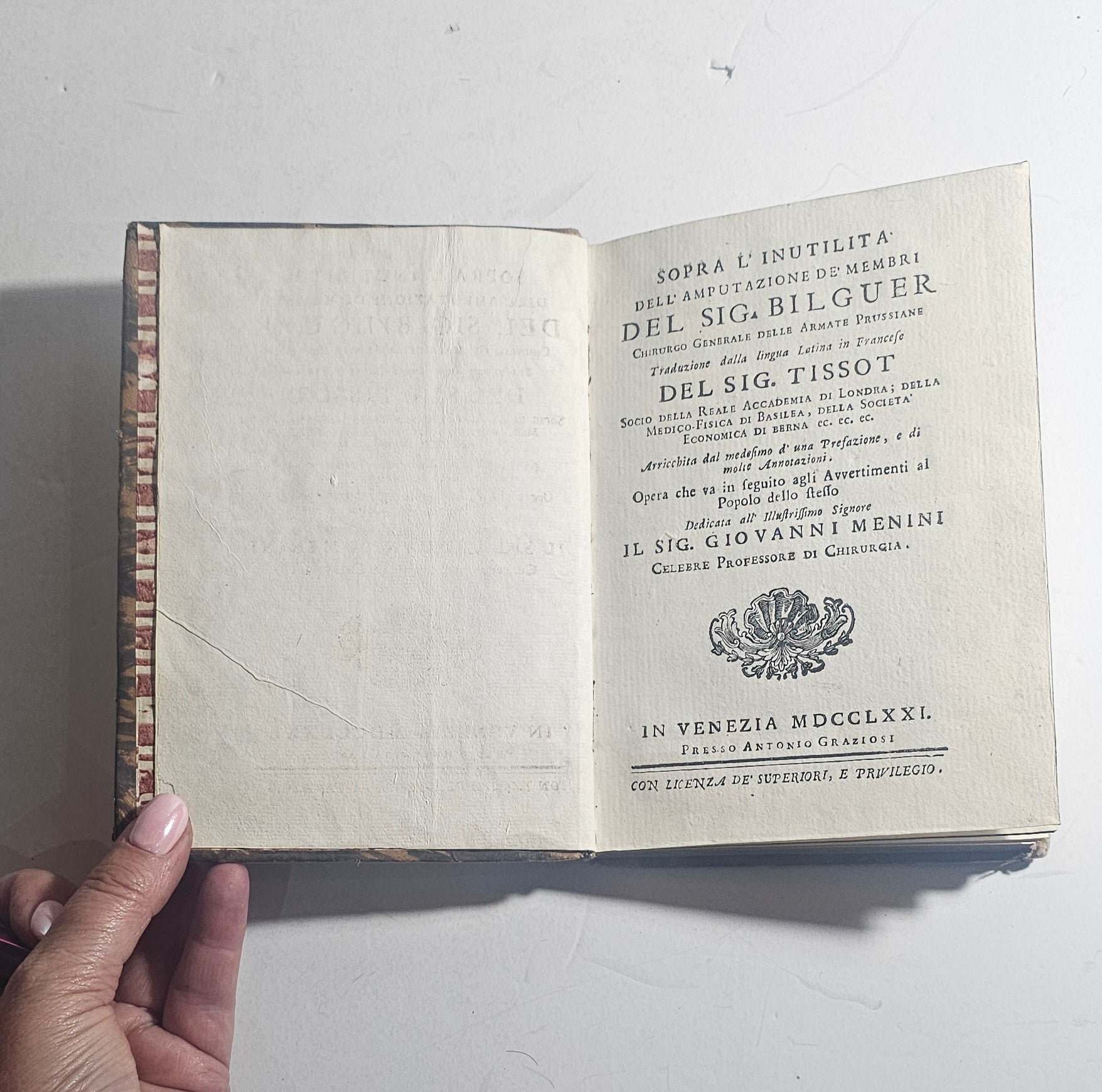 Frontespizio originale di Sopra l'Inutilità dell'Amputazione de' Membri Venezia 1771 Iolibrocarmine