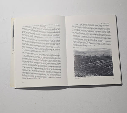 Pagina interna illustrata del libro “Vino e dintorni” con fotografia del territorio collinare di Gussago e approfondimenti sulla cultura del vino in Franciacorta.