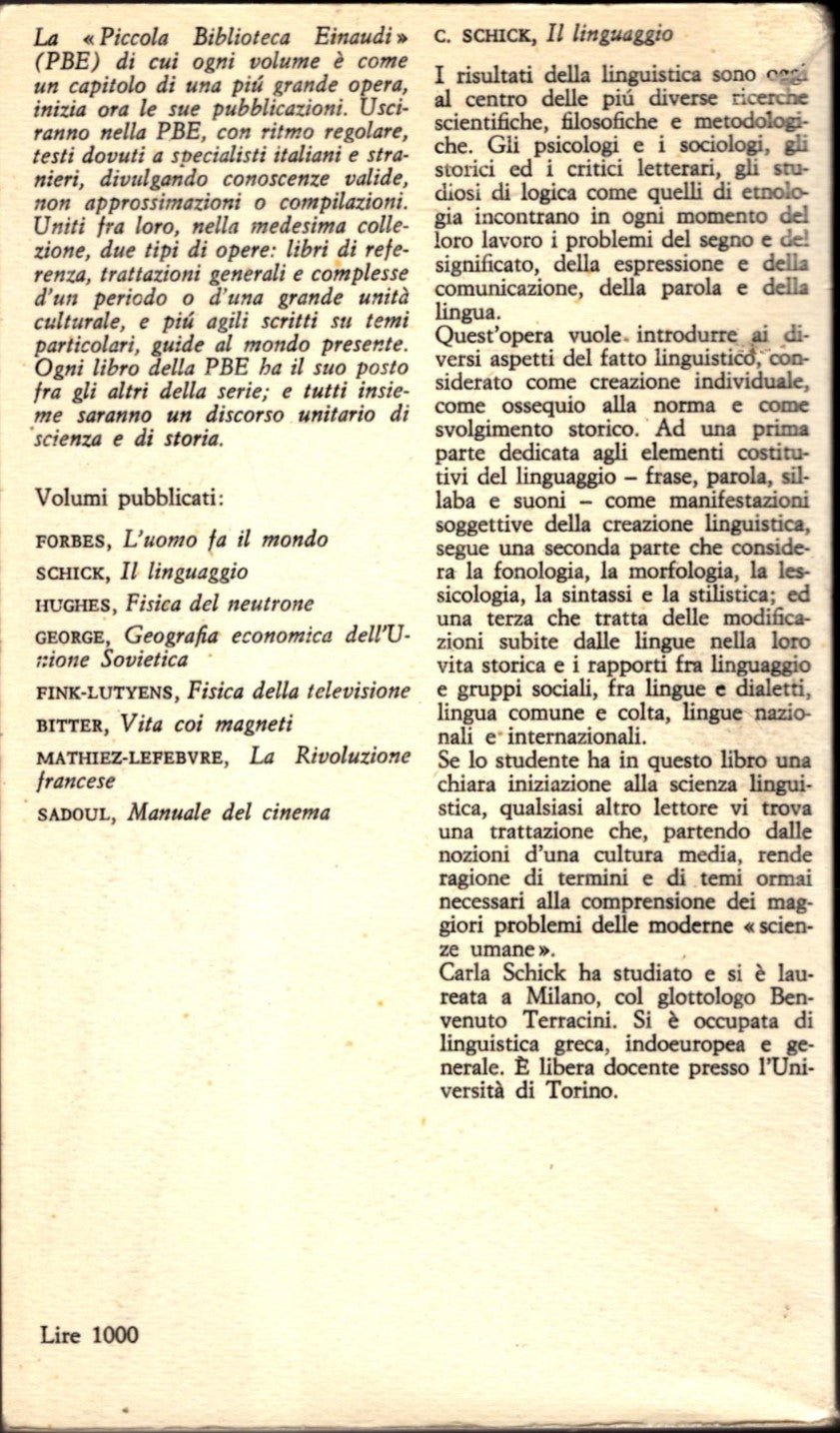 Schick Carla, Il Linguaggio. Natura, Struttura, Storicità  Del Fatto Linguistico