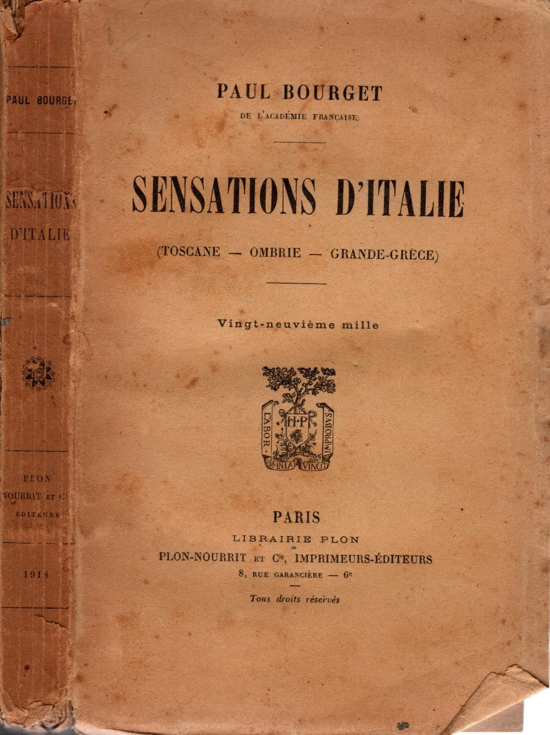 Sensations d'Italie (Toscane, Ombrie, Grande-Gréce) di Paul Bourget - IOLIBROCARMINE