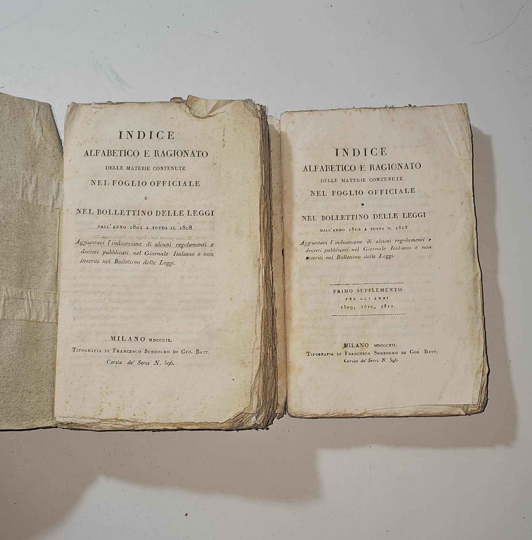 Frontespizi originali degli indici del Bollettino delle Leggi io libro carmine
