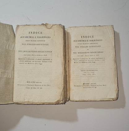 Frontespizi originali degli indici del Bollettino delle Leggi io libro carmine