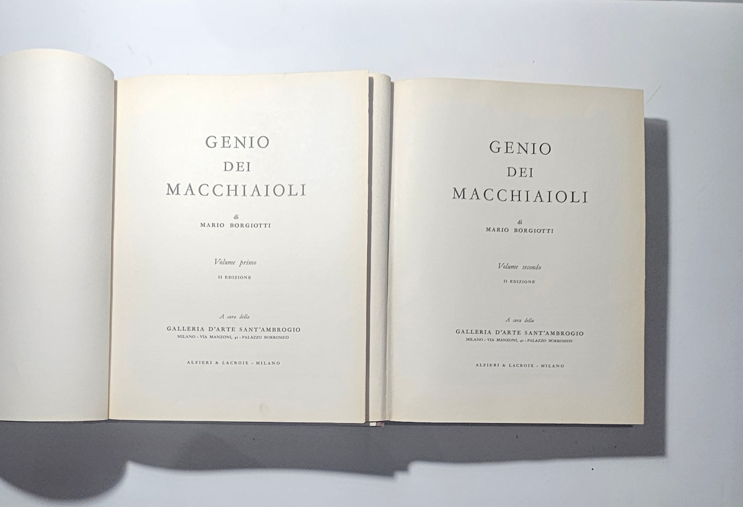 Frontespizi dei due volumi Genio Dei Macchiaioli Mario Borgiotti io libro carmine