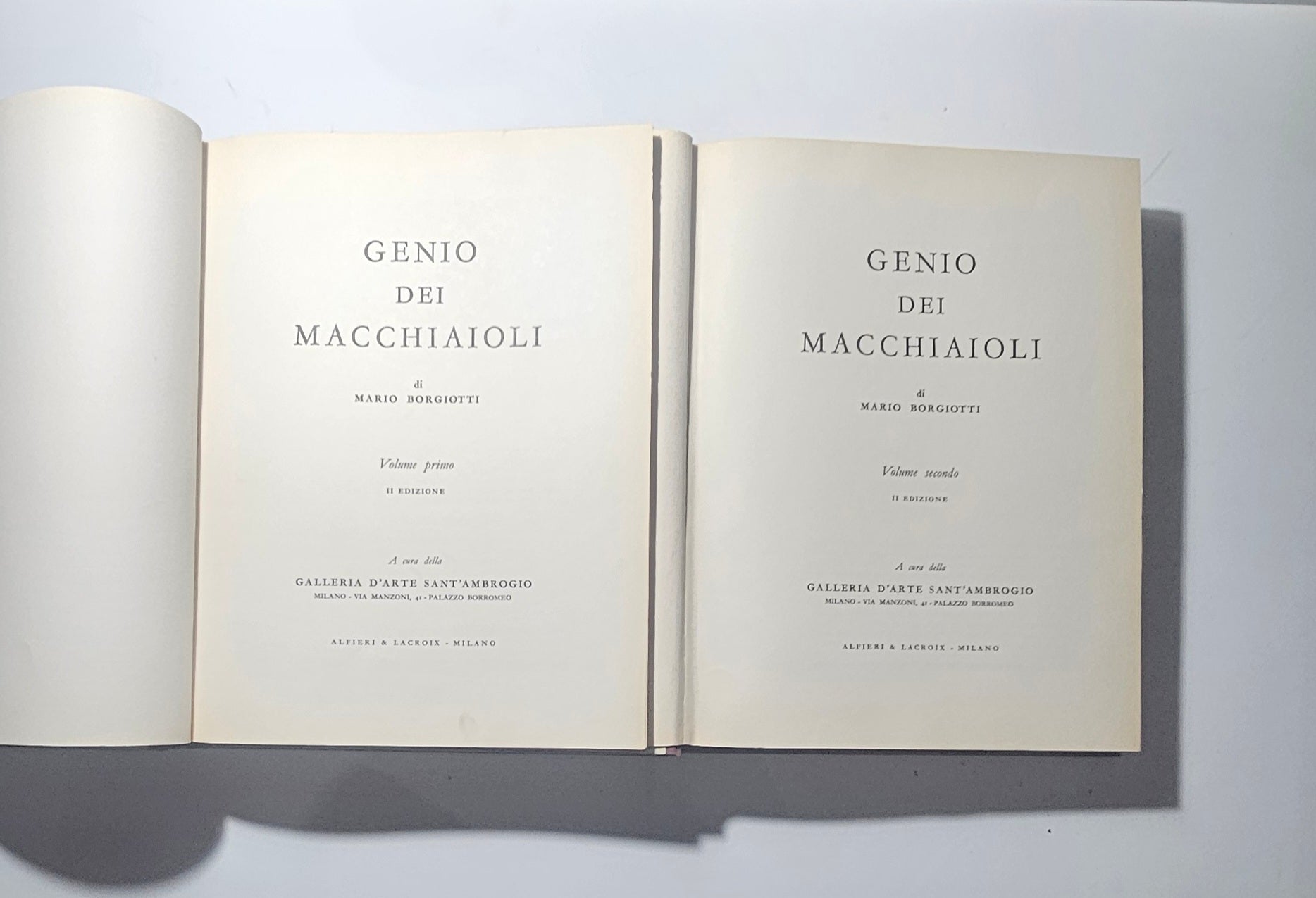 Frontespizi dei due volumi Genio Dei Macchiaioli Mario Borgiotti io libro carmine