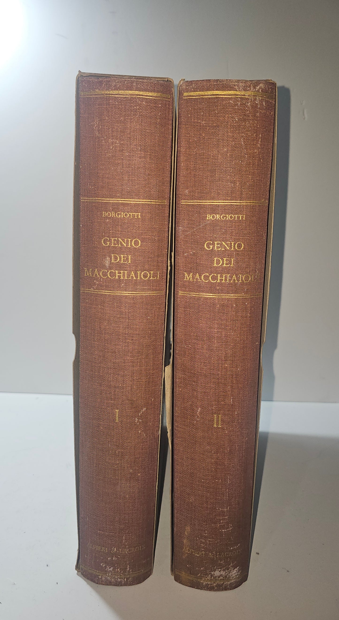 Dorsi dei due volumi Genio Dei Macchiaioli di Mario Borgiotti io libro carmine