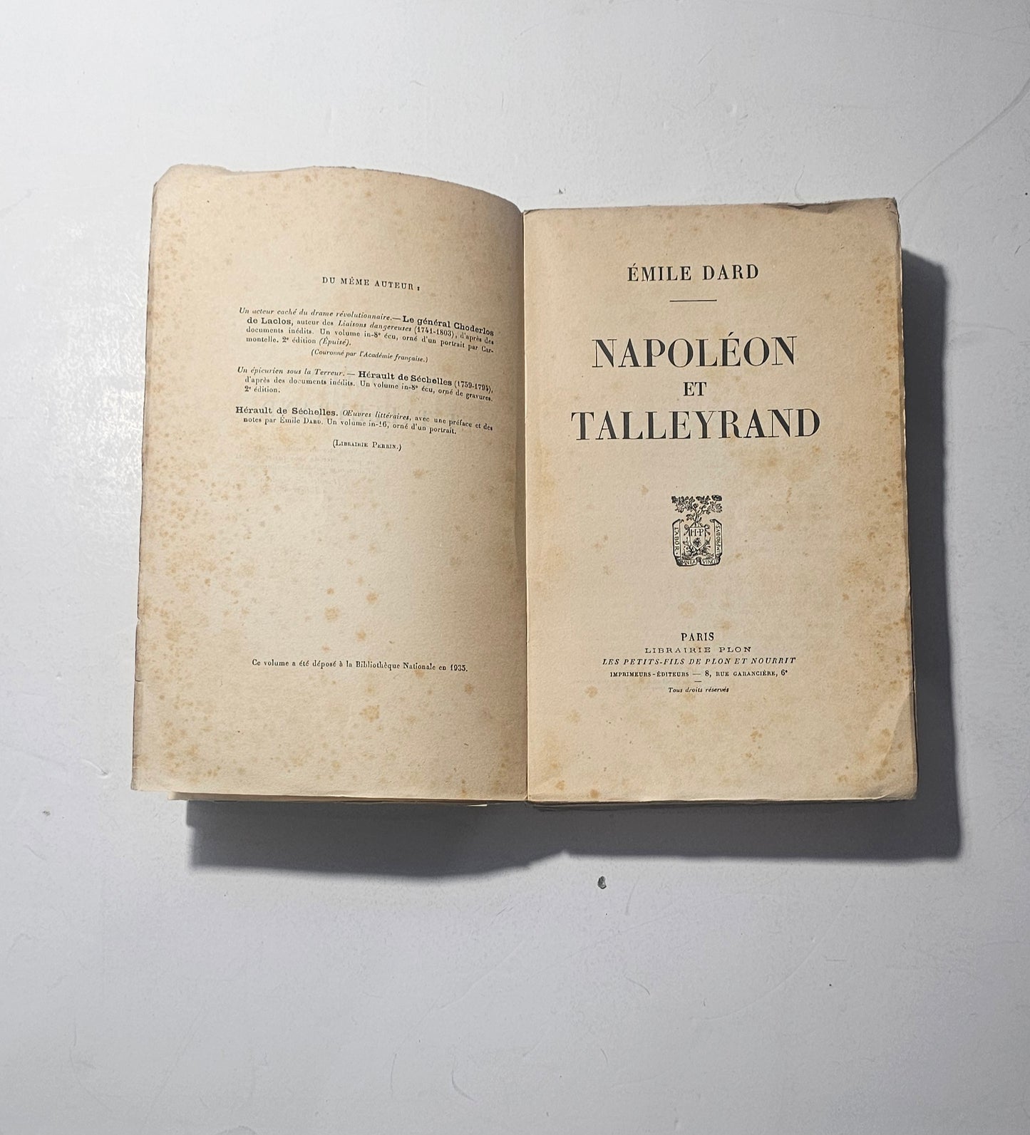 Volume storico francese Napoléon et Talleyrand con frontespizio originale iolibrocarmine