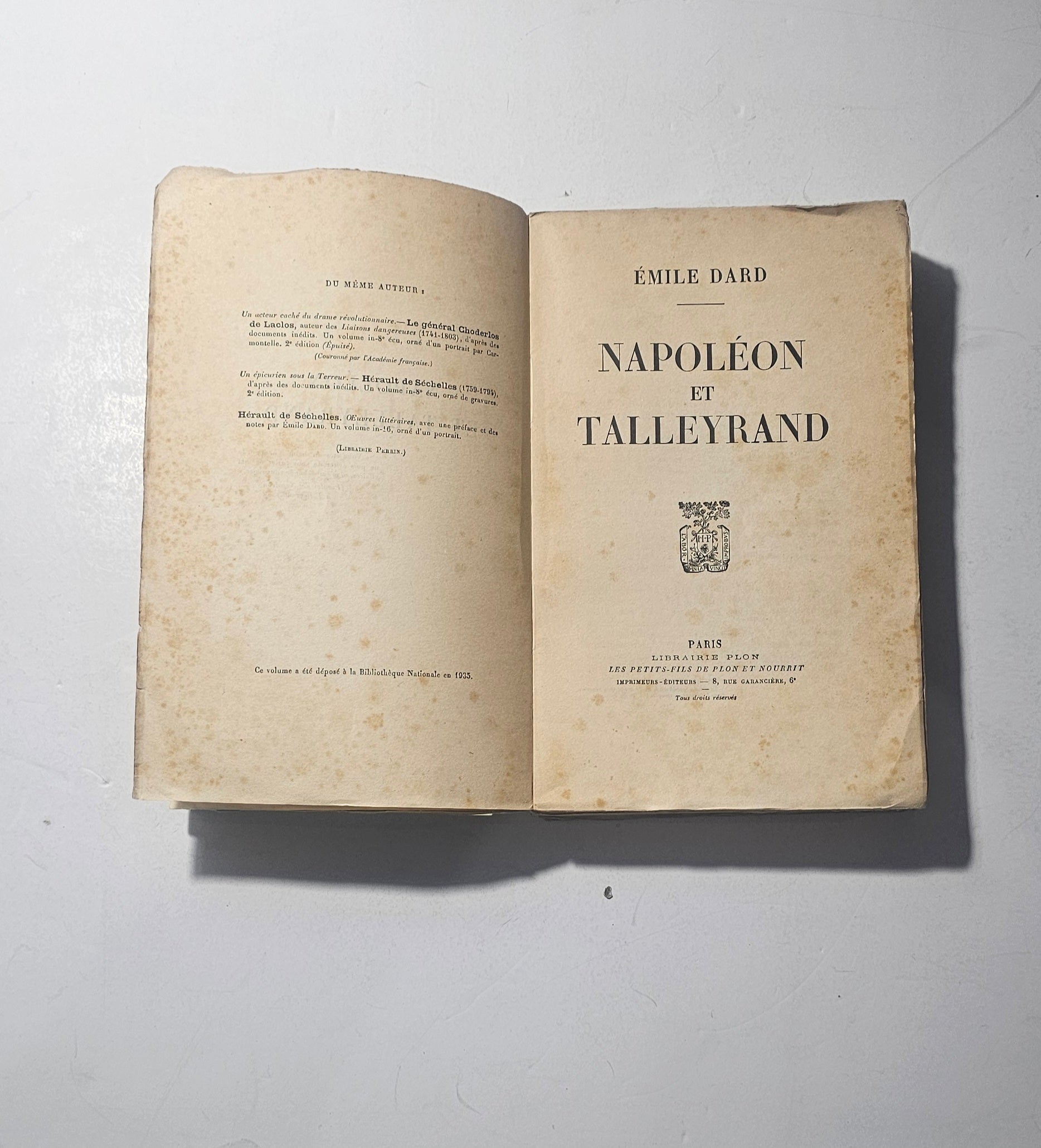 Volume storico francese Napoléon et Talleyrand con frontespizio originale iolibrocarmine