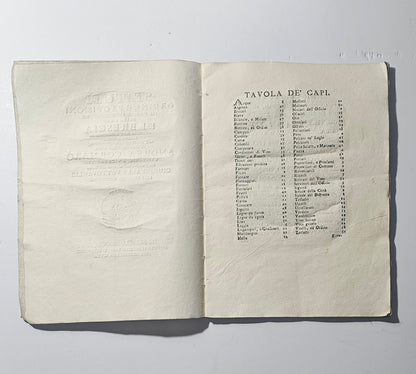 Indice tavola dei capi del volume settecentesco sulle vettovaglie io libro carmine