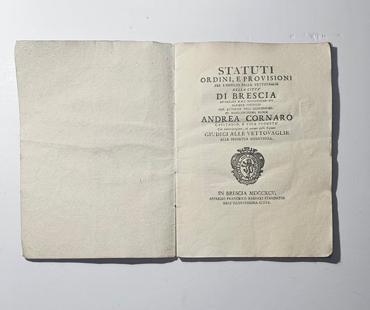 Frontespizio originale del libro Statuti Ordini e Provisioni Brescia 1795 io libro carmine