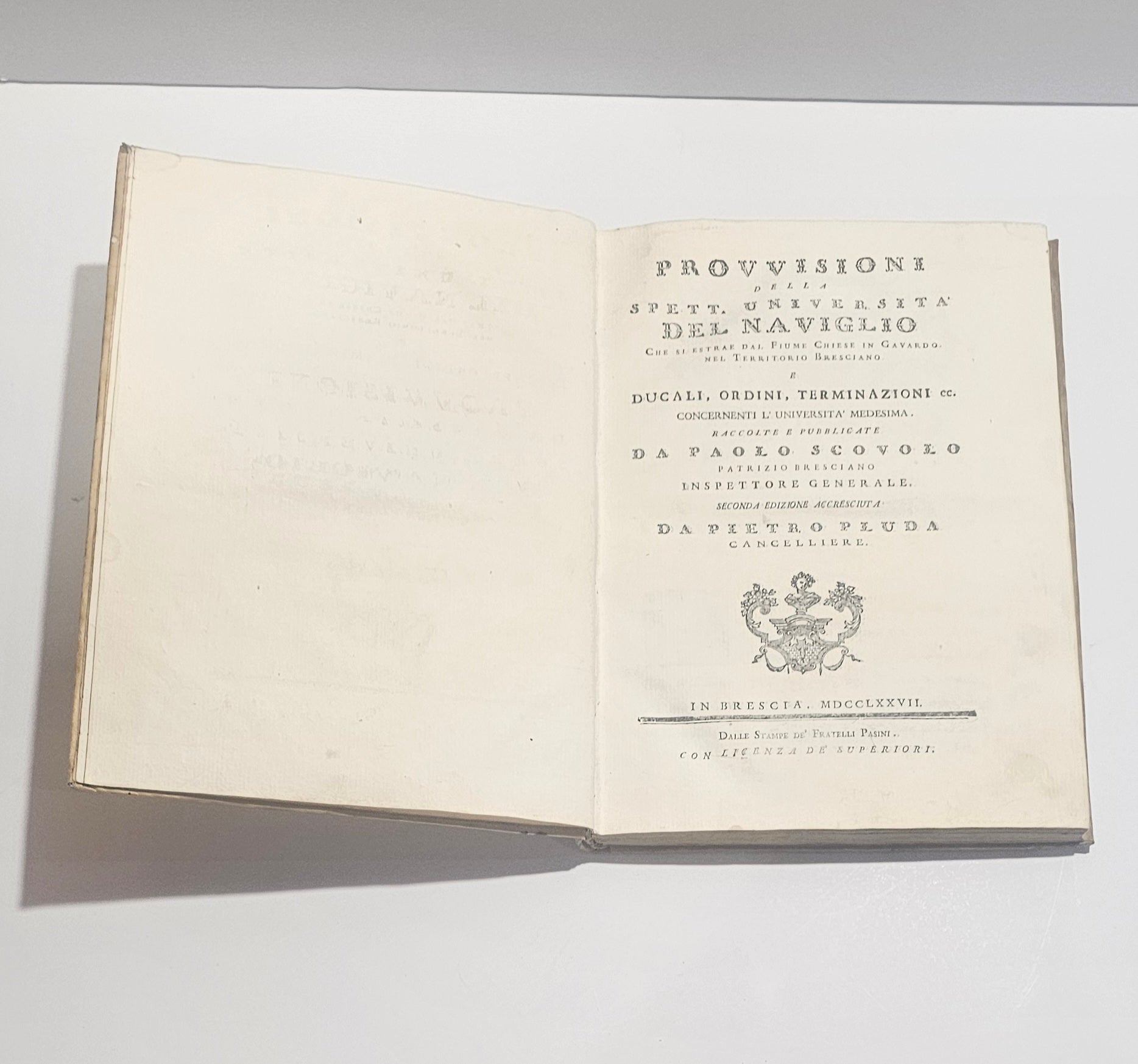 Frontespizio Provvisione Universita del Naviglio Brescia 1777