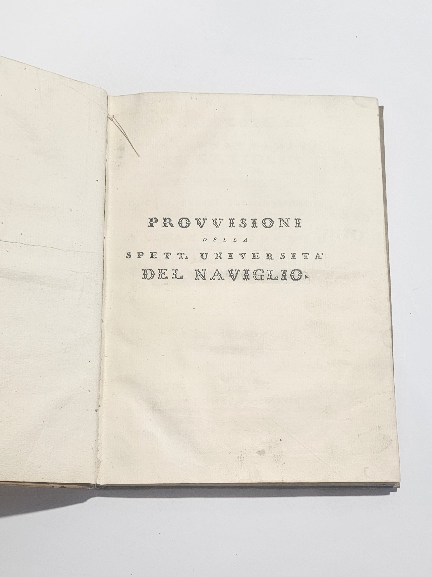 Pagina titolo Provvisione Naviglio libro antico 1777