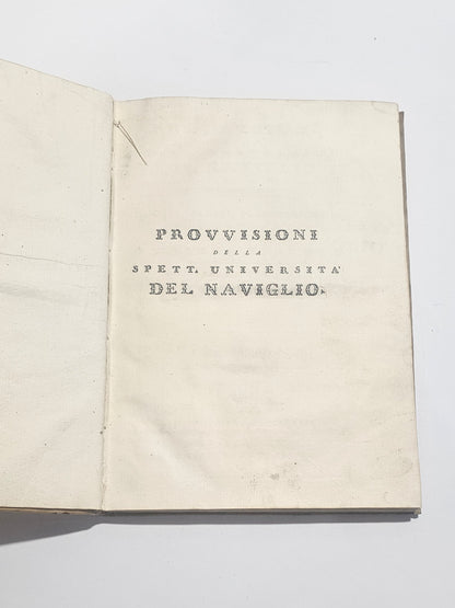Pagina titolo Provvisione Naviglio libro antico 1777