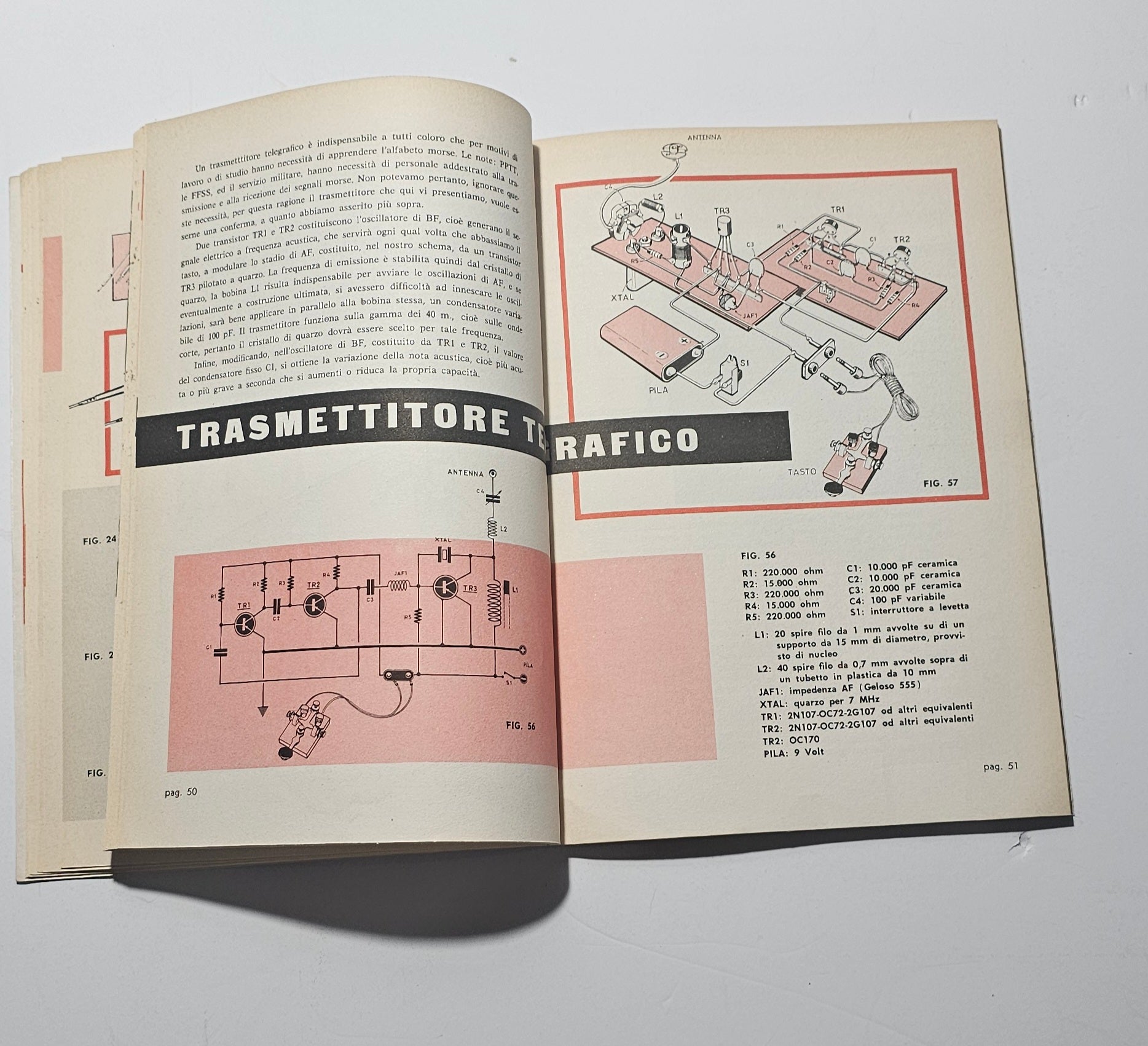 Schema elettronico trasmettitore telegrafico presente nel libro Radiotelefoni a transistor io libro carmine