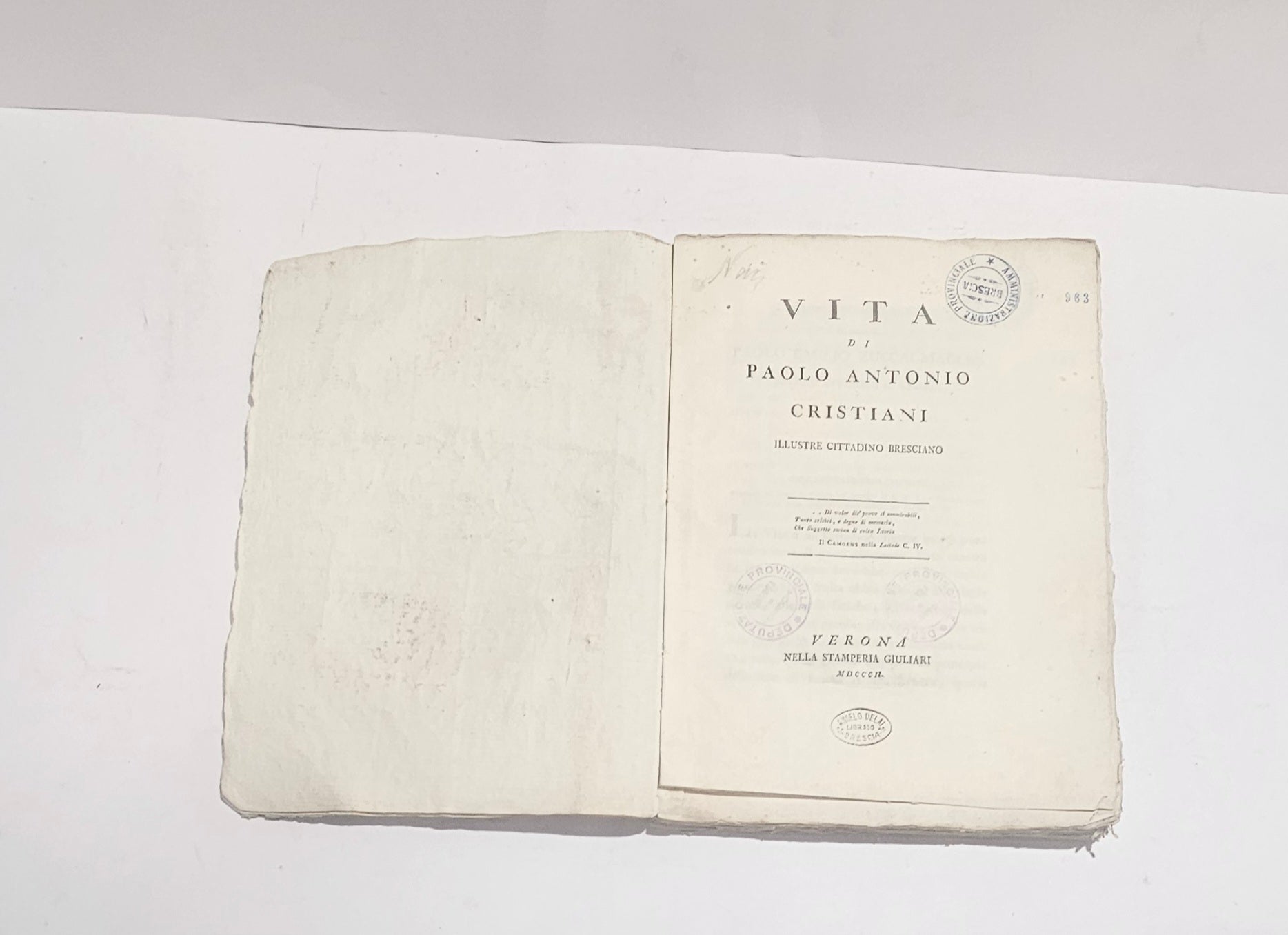 Frontespizio Vita di Paolo Antonio Cristiani libro antico Verona 1800