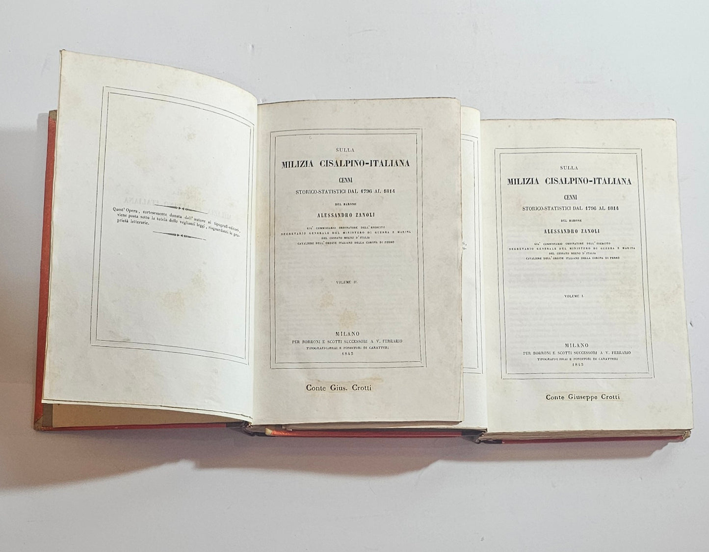 zanoli milizia cisalpino italiana interno libro antico frontespizio volume uno e due 